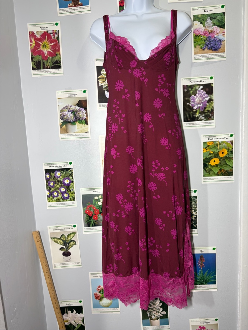Free People Burgundy Slip Dress with Pink Floral Print & Lace